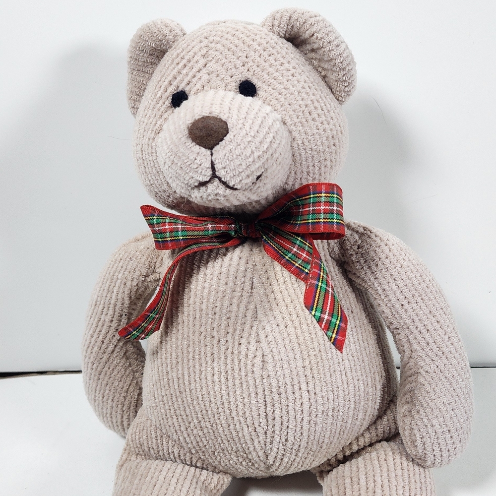 Tommy Hilfiger Knitted Teddy Bear Plush Toy Plaid Bow Beige Soft Huggable Kids
